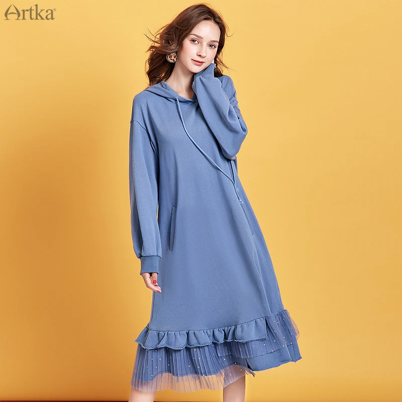 ARTKA 2019 Осень Зима Новое Женское платье 100% хлопок гофрированные сетчатые сшитые