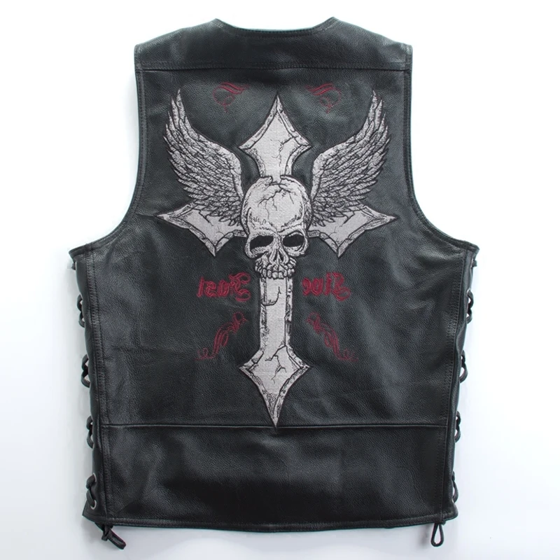 

Skull Men Black Cross Embroidery Leather Vest Plus Size 4XL Slim Fit Short Leather Biker Vest Factory Direct FREE SHIPPING