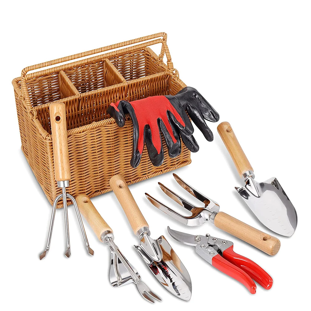 

8 Pcs New Garden Tool Set Stainless Steel Heavy Duty Hand Tool with Basket Ergonomic Wood Handle Gifts for Family High Quality