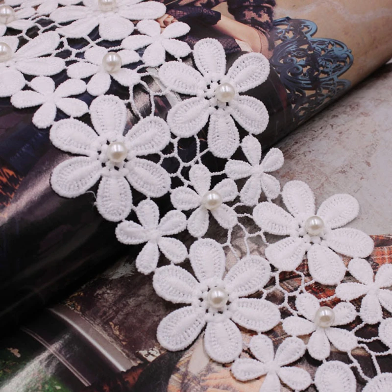 

10.5cm Acrylic Cotton Trim White Flower Beaded Hollow Lace Ribbon Garment Trimmings DIY Sewing Accessories Costume Decoration