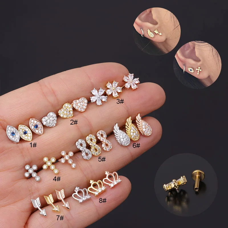 

16G New Cross Heart Flower Angel Wings Crown Cz Ear Studs Lip Lbret Helix Piercing Cartilage Earring Conch Rook Tragus Jewelry