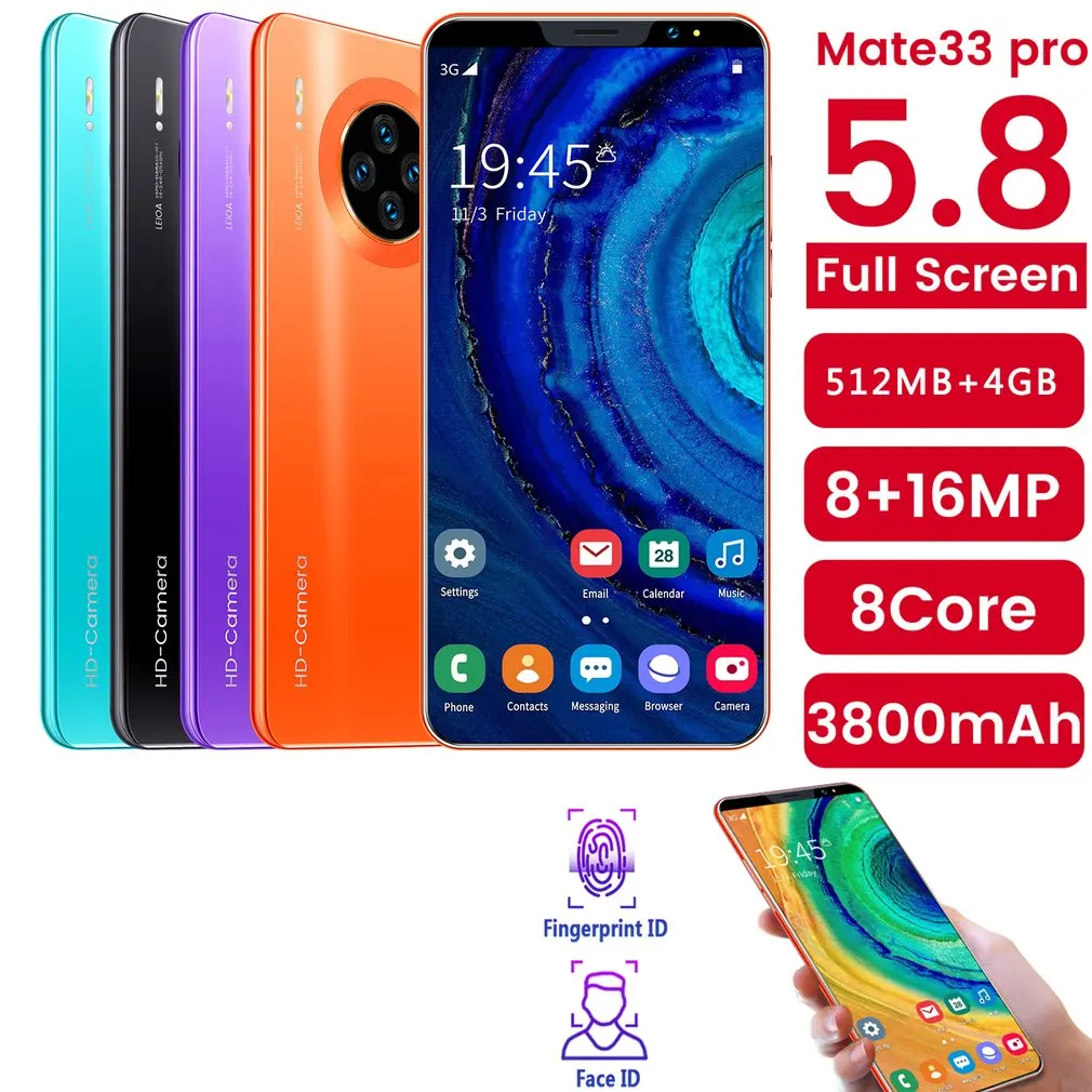 

Mate33 Pro Smartphone with 512M+4GGB Large Memory 5.8 Inch Screen Support Face/Fingerprint Unlock Dual SIM Mobile Phones
