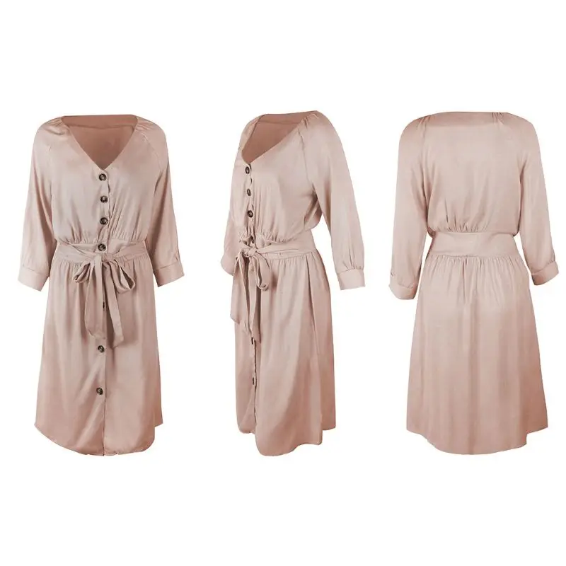 

Womens Half Sleeve Button Up Long Dress V-Neck Lace Up Sashes Loose Solid Color BX0A