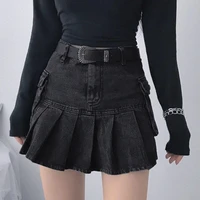 woman mini mall goth high waist jean skirts y2k aesthetics black denim pleated skirts with big pockets punk style e girl outfits