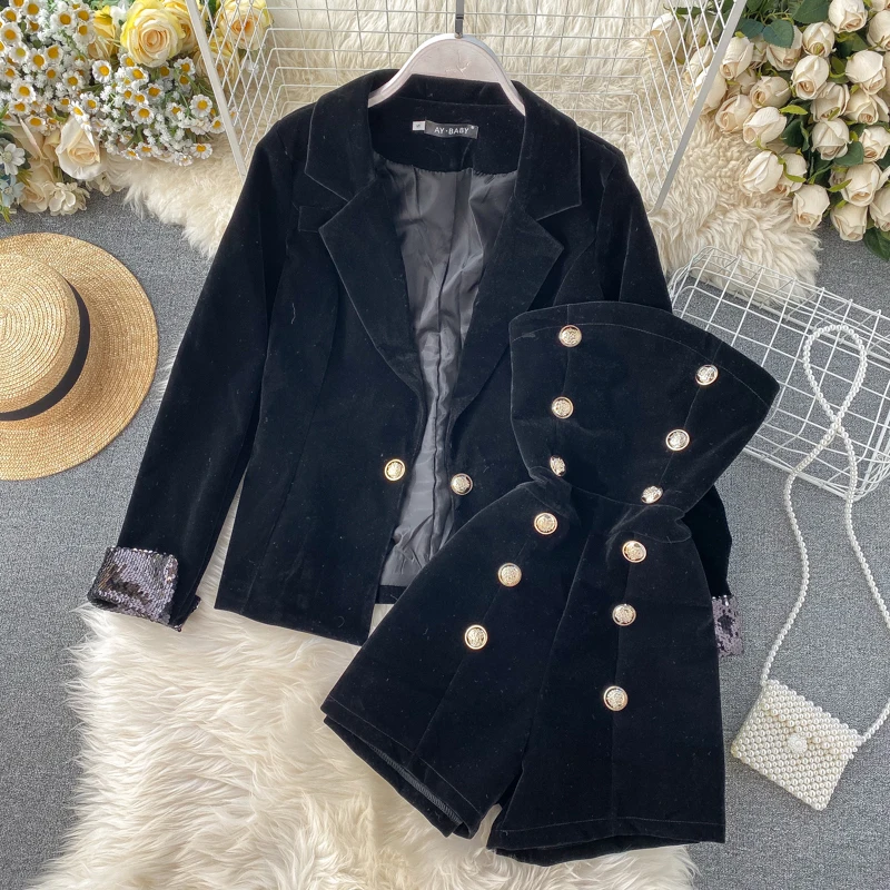 2020 новый модный весенний черный бархатный пиджак + комбинезон на груди комплект