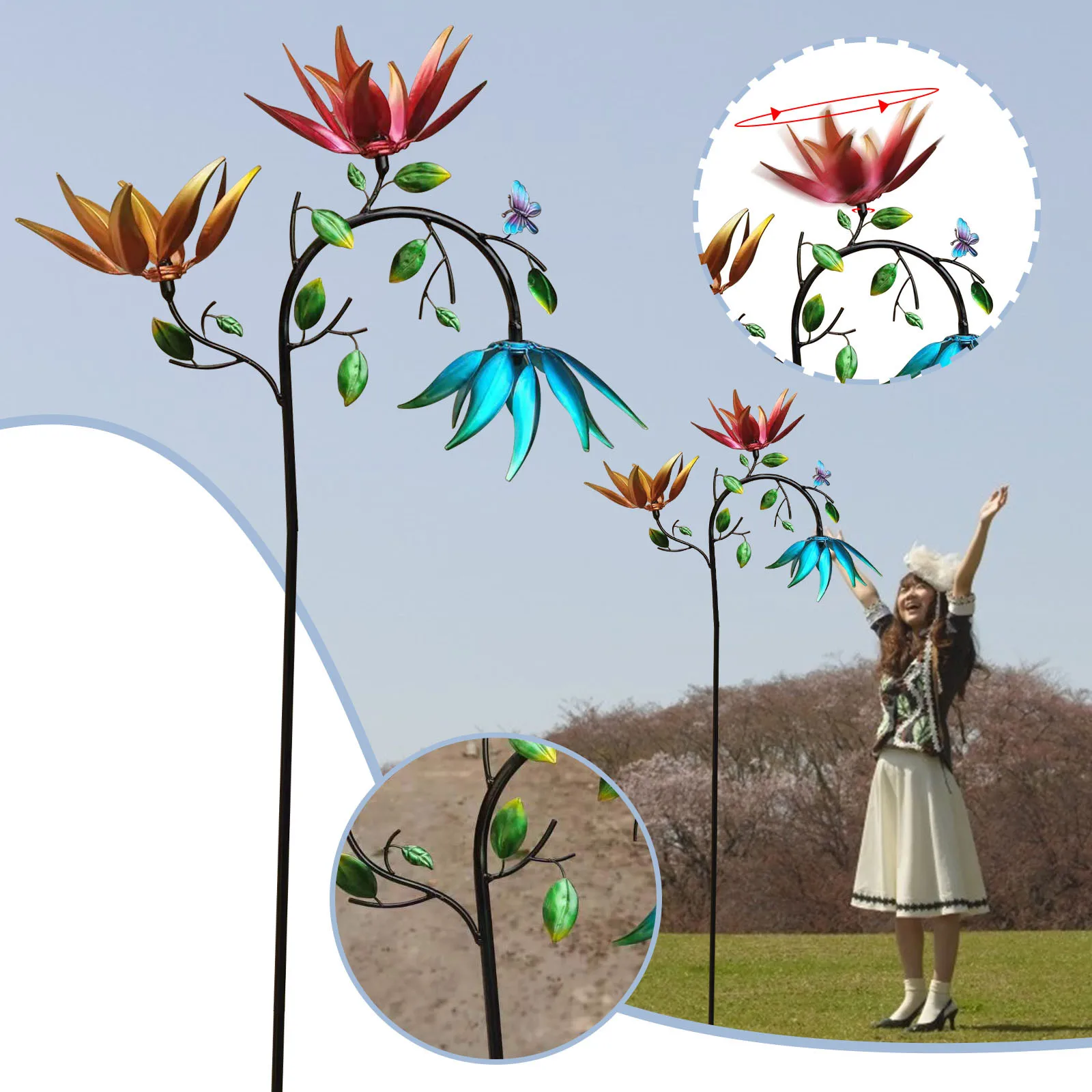 

New Large Metal Wind Spinner With Three Spin Flowers And Butterflies Windmill Rotating Garden Lawn Party Decors Toys Gifts Funny