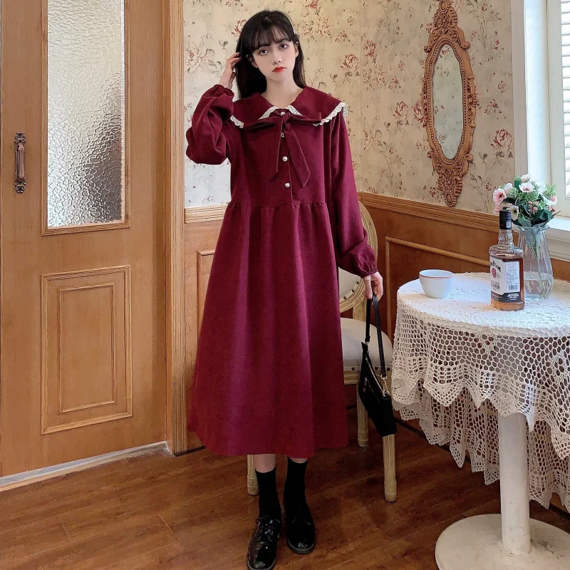 

Retro Dress For Women French Corduroy Cute Bow Long Sleeve Peter Pan Collar Solid Dresses Casual Loose Knee Long Dress
