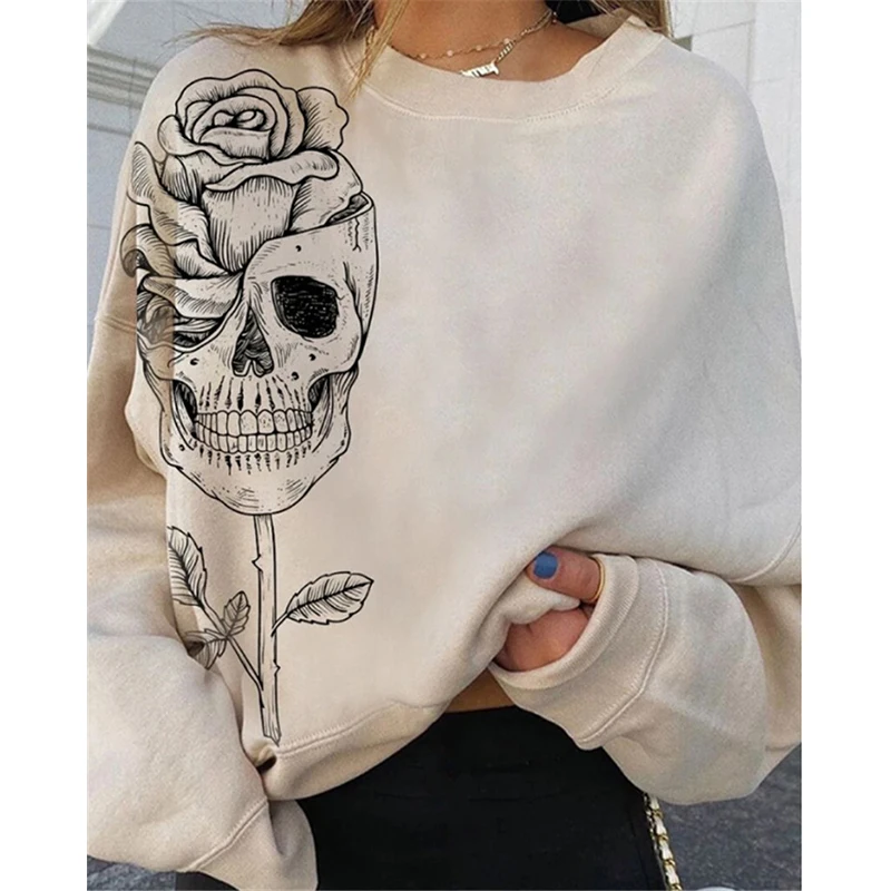

Apricot Skull Flower Print Oversized Crewneck Sweatshirt Women Vintage loose Harajuku Long Sleeve Thin Pullover Tops Spring 2021
