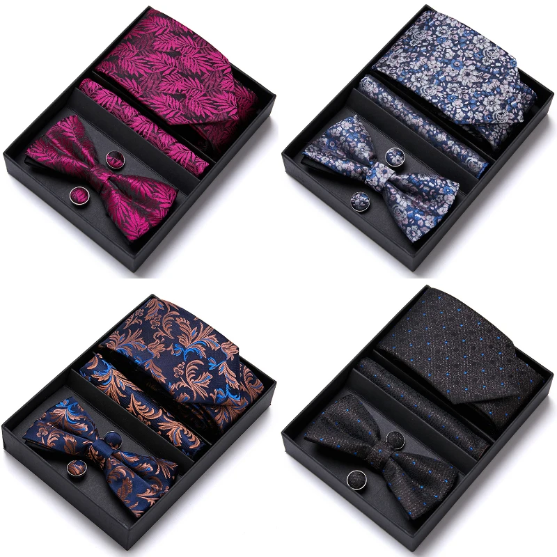 

Luxurious Great Quality Silk Tie Hanky Pocket Squares Cufflink Set Bow Tie Necktie Box Printed Pink Office