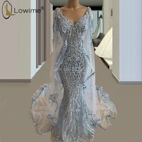 dubai blue lace mermaid evening dresses with wrap 2020 v neck sexy formal dress middle east prom party gowns