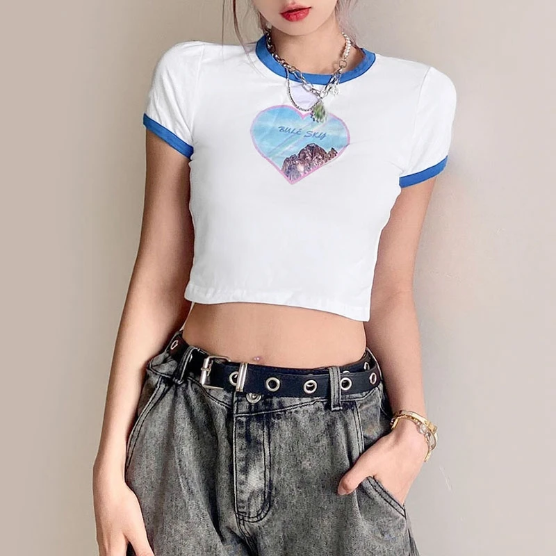 

Women's Slim Fit Fashion Love Print Round Neck Curl Short Sleeve T-Shirt