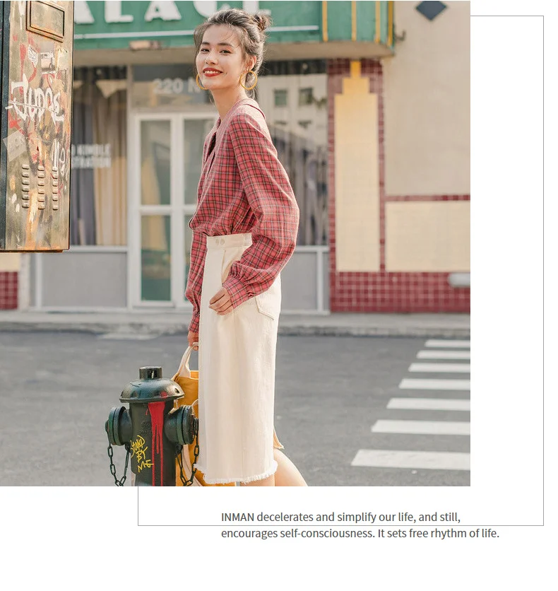 INMAN Winter New Arrival Literary Retro 100%Cotton Doll Collar Plaid Loose Long Sleeve Women Blouse
