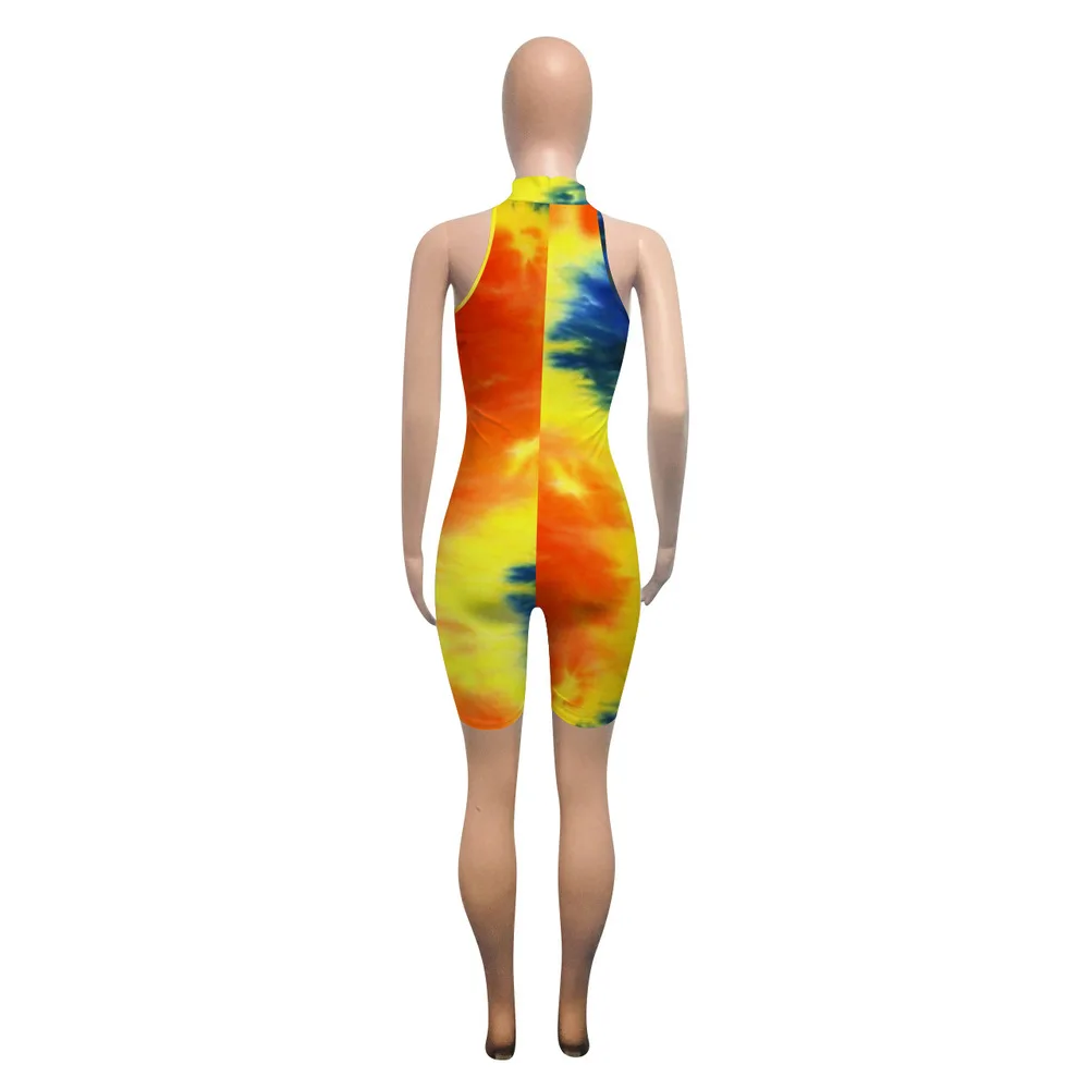 

Colorful Tie Dye Print Bodycon Overalls for Women High Necked Sleeveless Skinny Playsuit Summer High Waist Clubwear Short Romper