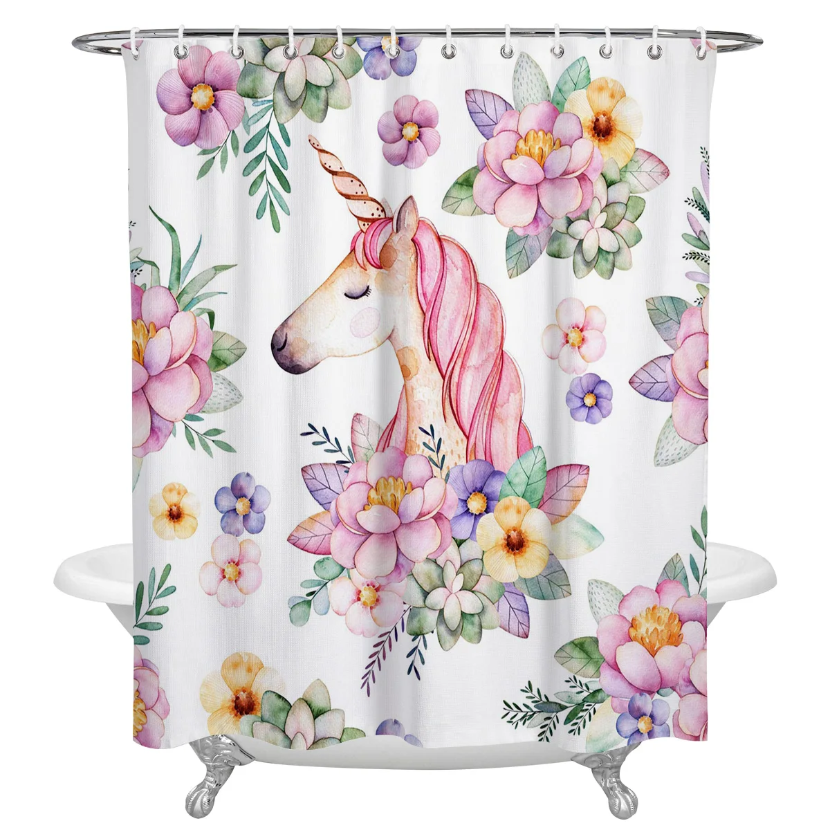 

Unicorn Flowers Green Pink Purple Print Shower Curtains Waterproof Polyester Bath Screen Products Bathroom Curtain Home Decor