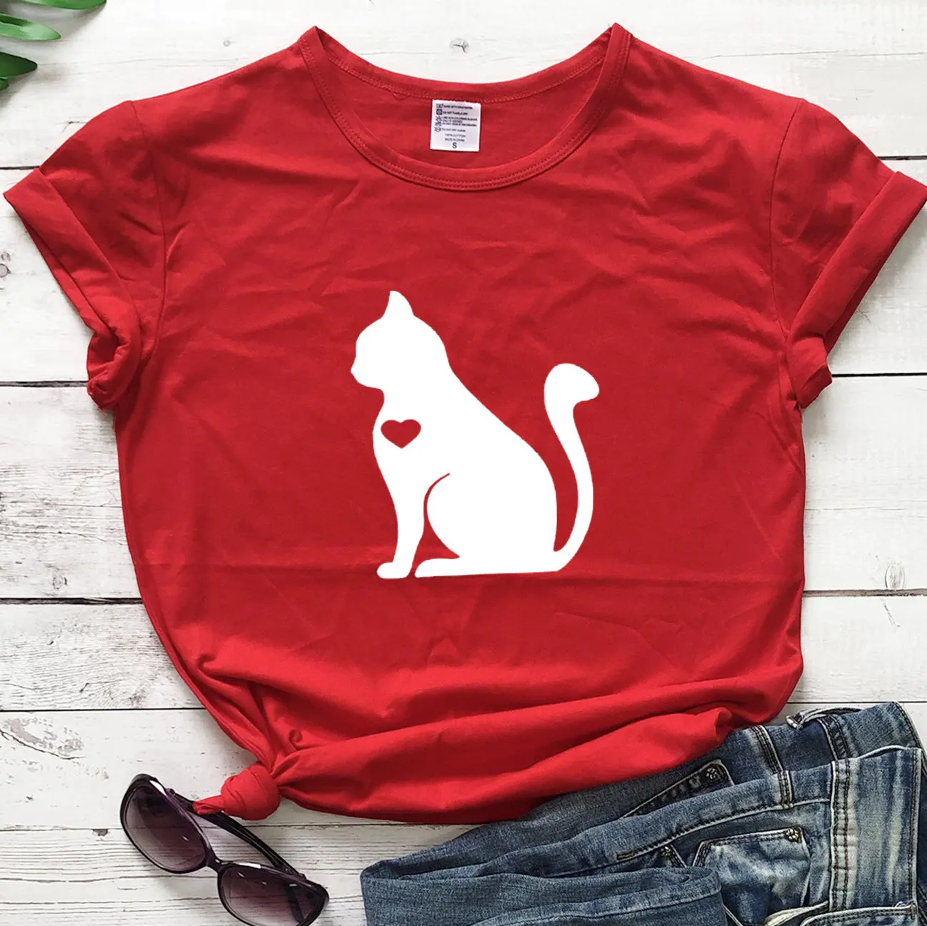 

100% Pure Cotton Women T Shirt Cat Heart Printed Tshirt Ladies Short Sleeve Tee Shirt Women Female Tops Clothes Camisetas Mujer