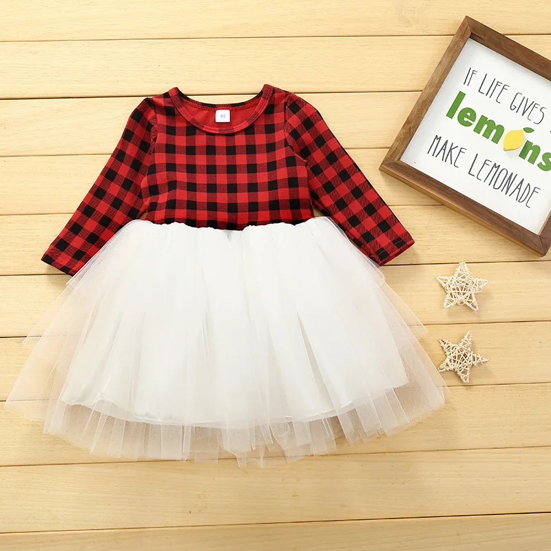 Новое рождественское платье для девочек Сетчатое красное клетчатое платье-пачка