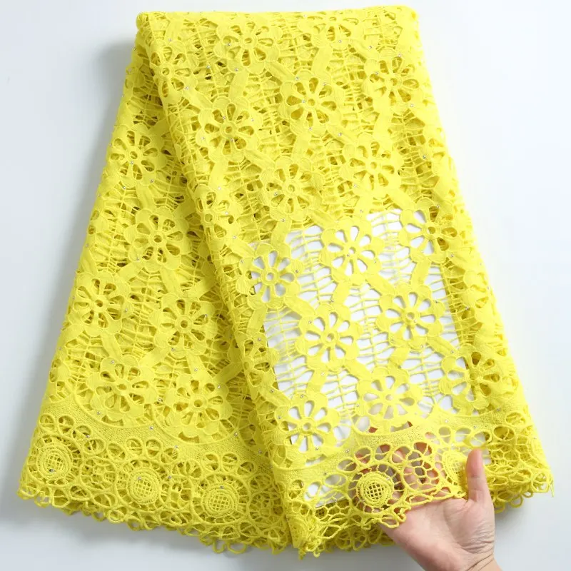

African Cotton Fabric 5 Yards 2021 Nigerian Swiss Voile Lace Fabric Embroidered Rhinestone Lace African Wedding Yellow