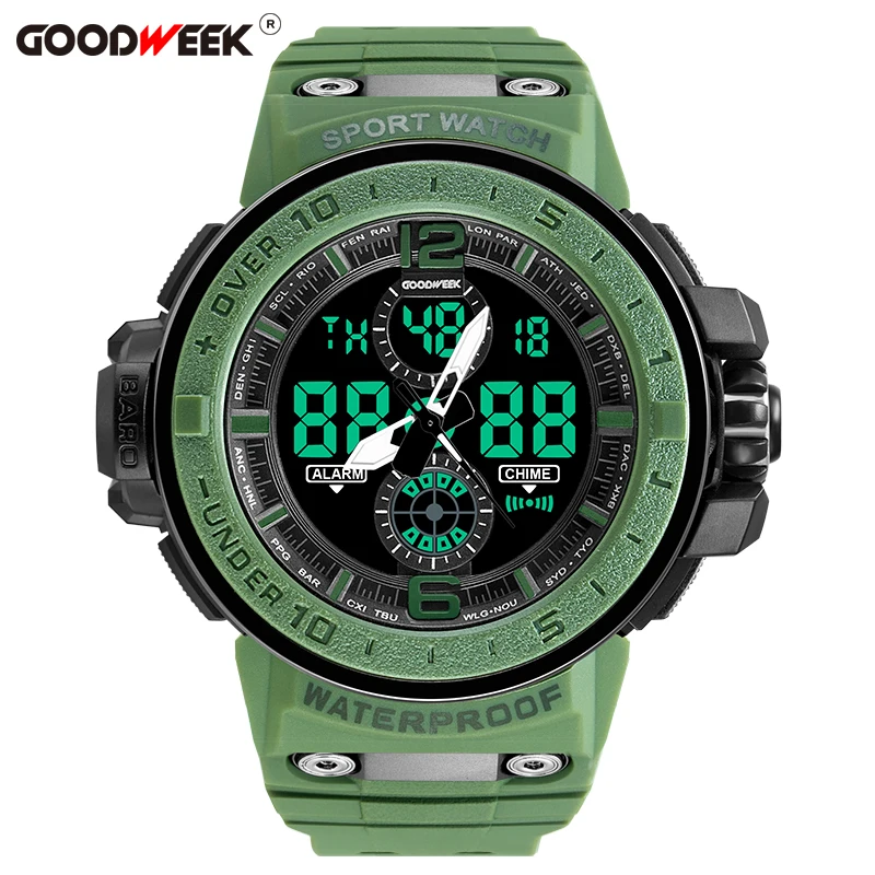 army green GOODWEEK, мужские спортивные часы, водонепроницаемые, военные, армейские, мужские наручные часы, Led, кварцевые часы, двойной циферблат, часы, Relogios Masculino - Цвет: army green