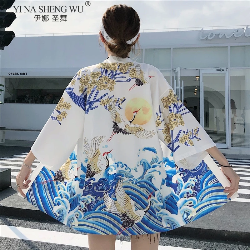

Women Summer Crane Print Kimono With Belt Haori Cardigan Surblouse New Japanese Traditional Sun Protective Clothing Beach Yukat
