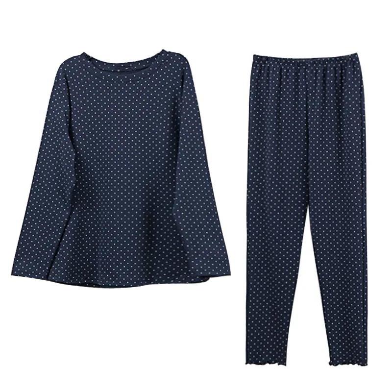 

Fashion 2PCS Women Pajamas Sets Autumn Spring Cotton Sleepwear Navy Cute Dot Print O-Neck Long Sleeve Female Home Suit Homewear