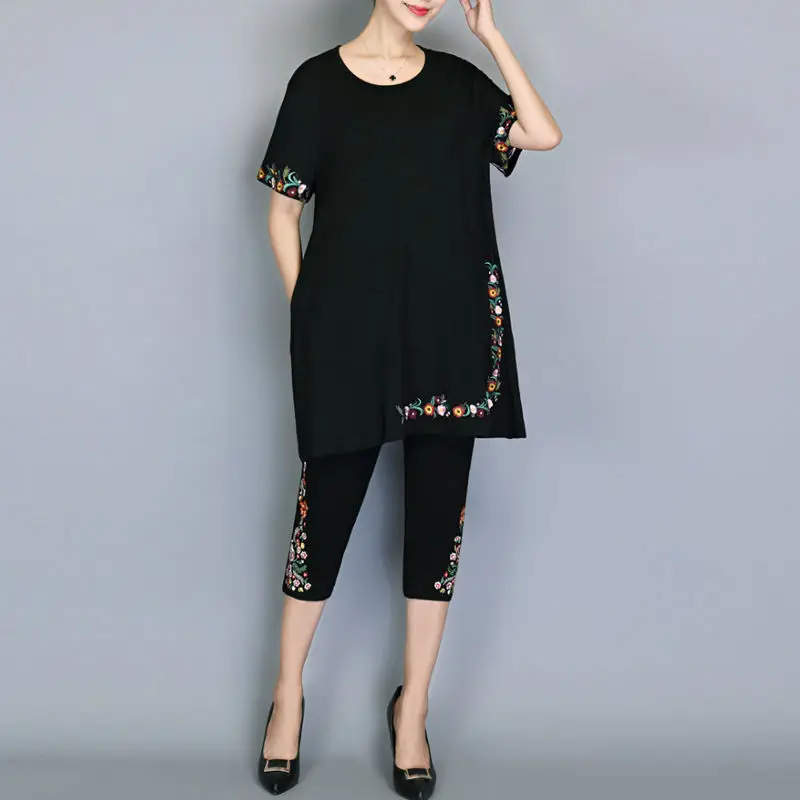 

2022 New Summer Two Piece Set Women Black Flower Printed Fashion Tracksuit Loose 2 Piece Pants Set Plus Size 5XL Conjunto D75