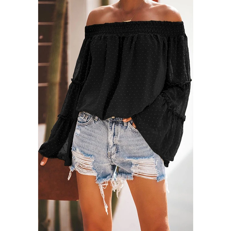 

Long Sleeve Shirt Trend Summer Elegant Blouse Sexy Retro Collar Blouse Elegant for Women Shoulder Flare Sleevees Spliced
