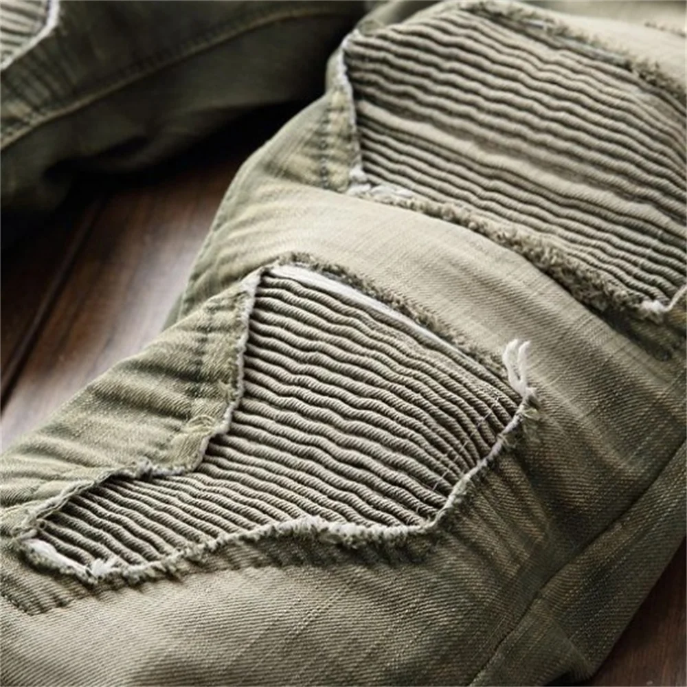EH·MD® Pleated Hole Patch Army Green  Jeans Men's Cotton Soft Small Straight High Street Personalized Slim Pants Motorcycle New