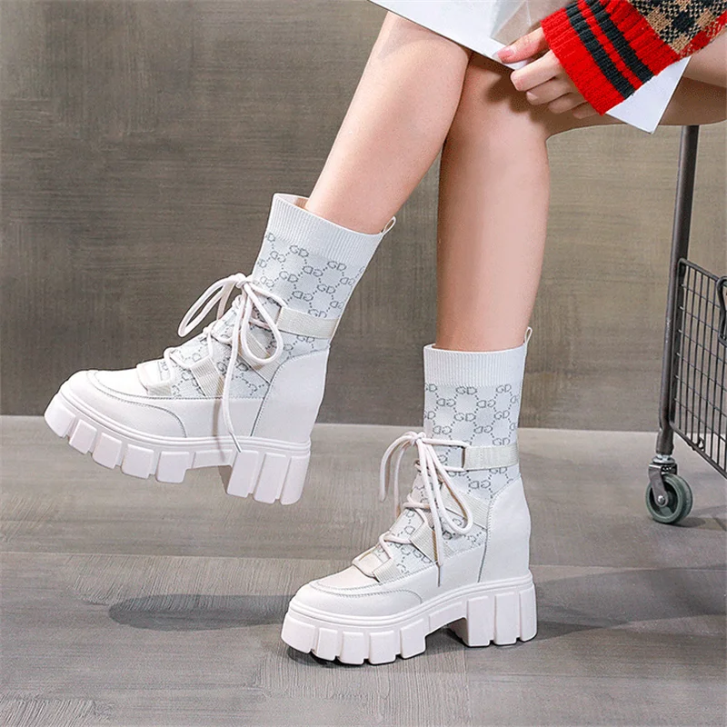 

2021 new leather Martin women's boots thick-soled single boots flying knitting boots increase in women's shoes mid-tube women's
