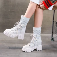 2021 new leather martin womens boots thick soled single boots flying knitting boots increase in womens shoes mid tube womens