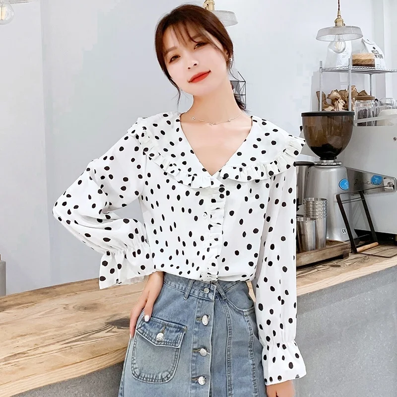 Blusas 2019 Осенняя женская рубашка с оборками в горошек принтом шифоновая Блузки