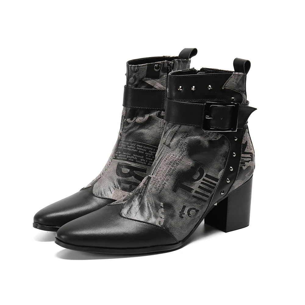 Новинка мужские ботильоны на высоком каблуке заклепки пряжка вечерние