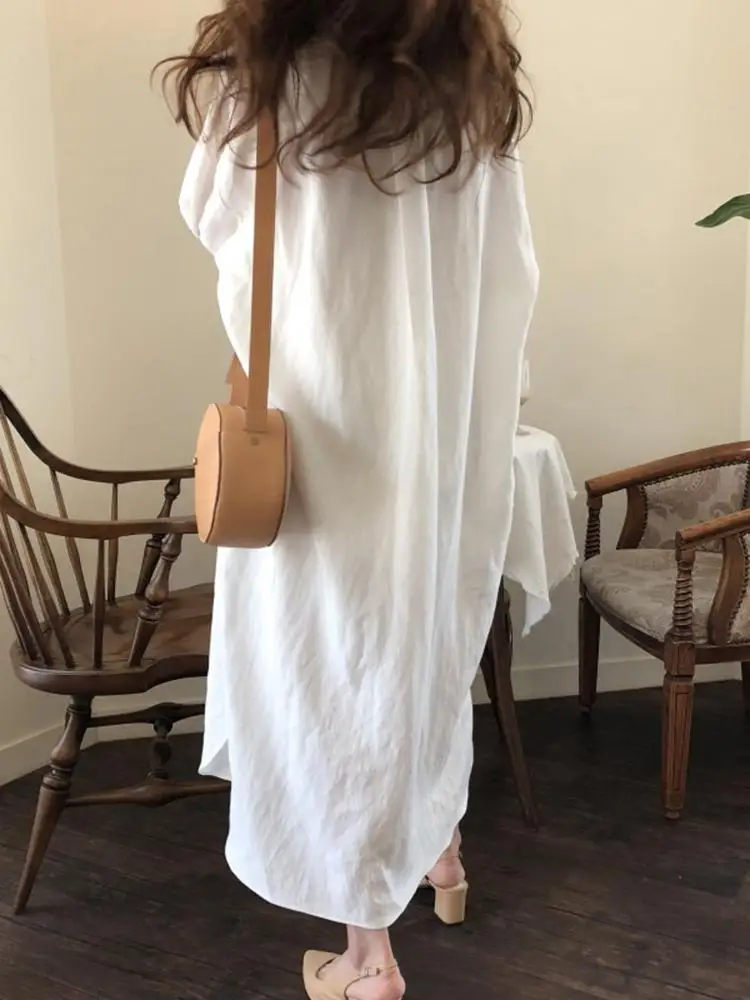 Женское длинное платье-рубашка с длинным рукавом из хлопка разрезом осень 2021 |