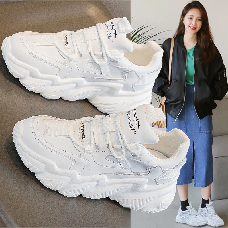 

Women's Tide Spring New Leather All-match Casual Running Shoes Thick-soled White Sports Sneakers for Women 2021 Luxury Autumn 40