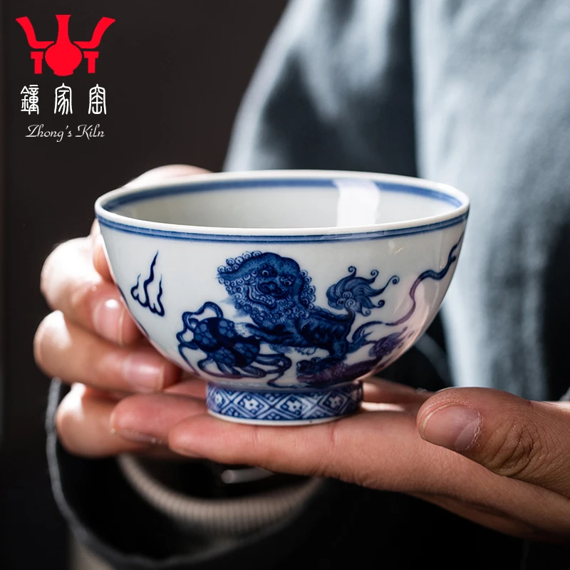 House Kiln Jingdezhen Blue And White Maintain Tea Pure Manual Lion Roll Silk Master Cup Single Cup