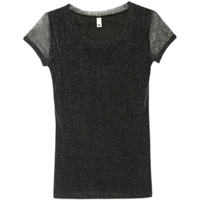 

European summer new sexy fashion gauze bronzing short sleeve T-shirt unlined upper garment tide will render the goods