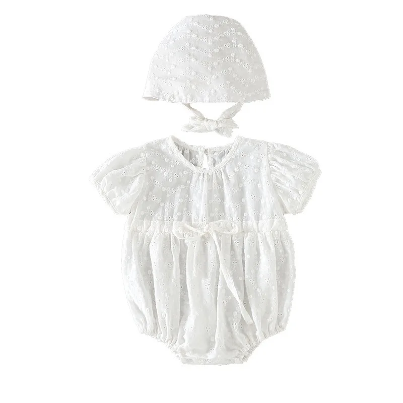 

pudcoco Newborn's Two Piece Suit, Infant's Hollow Out Romper Pure White Bubble Sleeve Jumpsuit Hat for 0-24 Months Baby