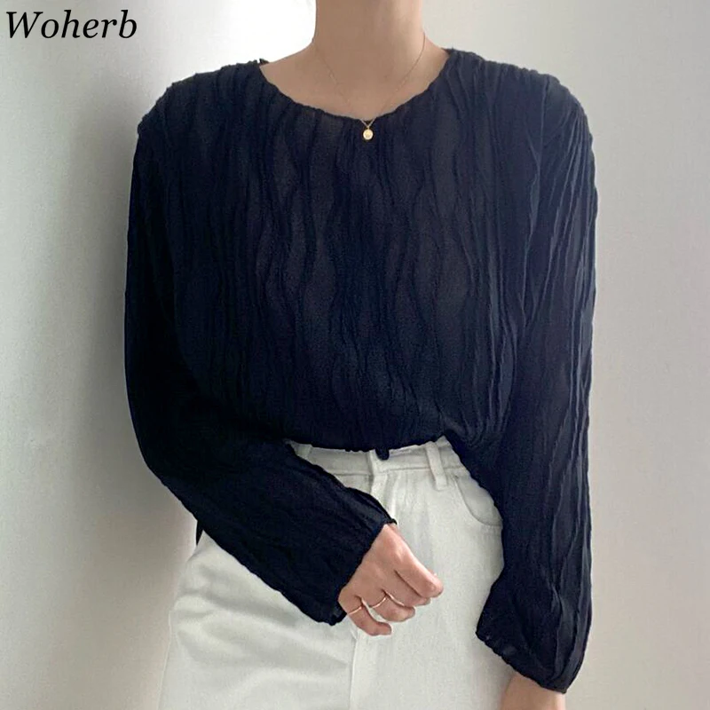 Блузка Женская Осенняя полупрозрачная с круглым вырезом и складками | одежда