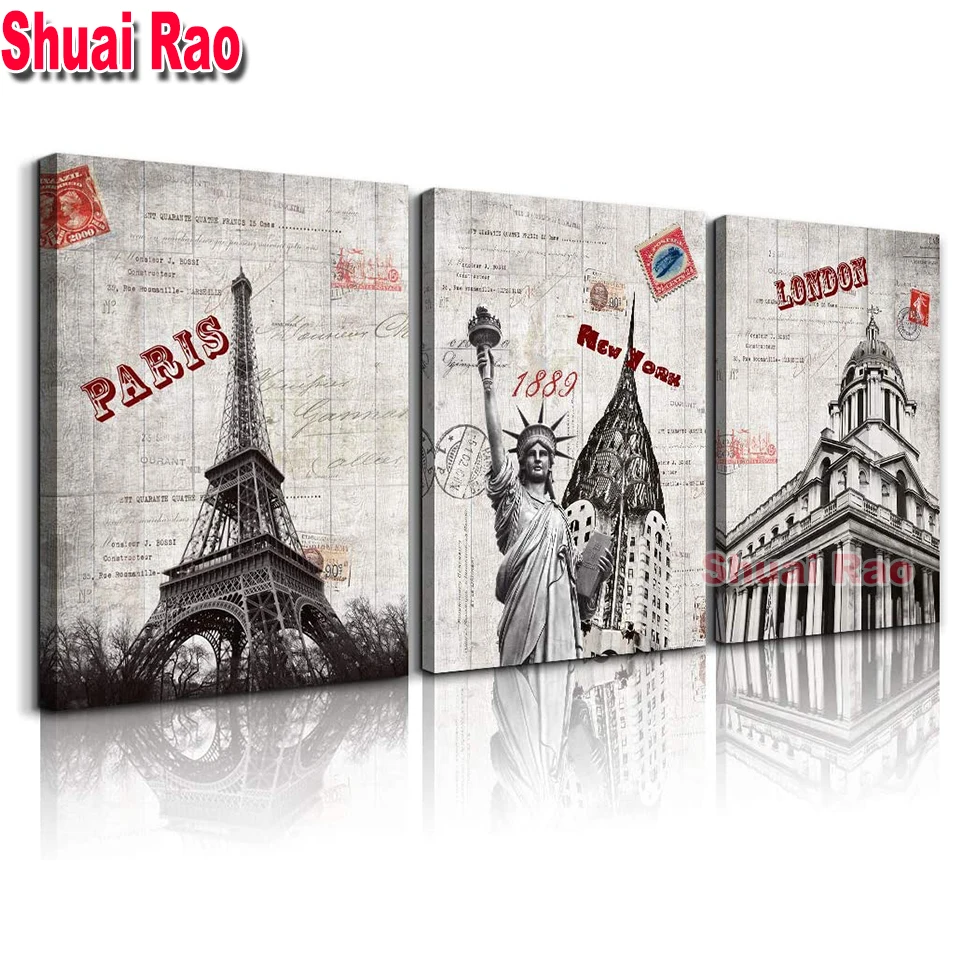 

Триптих Алмазная вышивка, ретро Эйфелева фотография, Самостоятельная богиня архитектурный пейзаж 5D, алмазная живопись, вышивка крестиком,