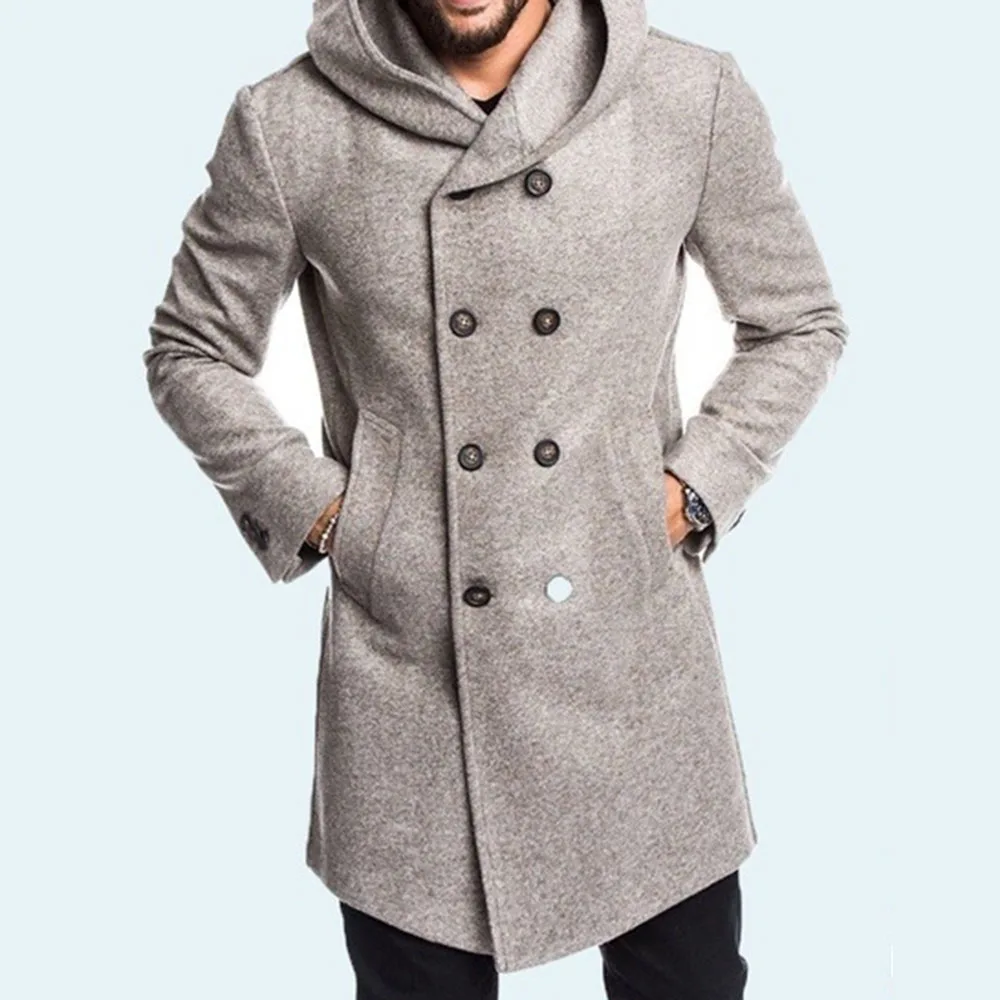 

Men Fashion Woolen Coat Hooded A Line Double-Breasted Casual Business Windbreaker Oversized Outwear Spring New Overcoat African