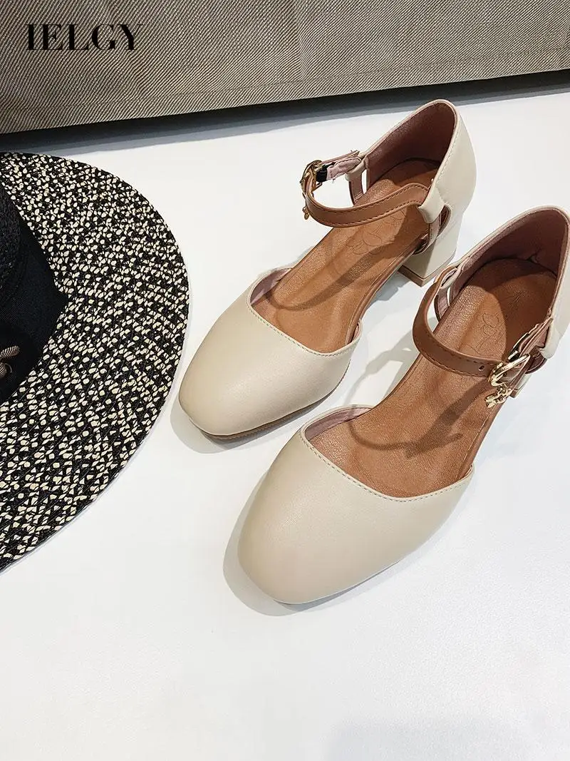 

IELGY Women's breathable solid color sandals mid-heel thick heel buckle low top square toe casual