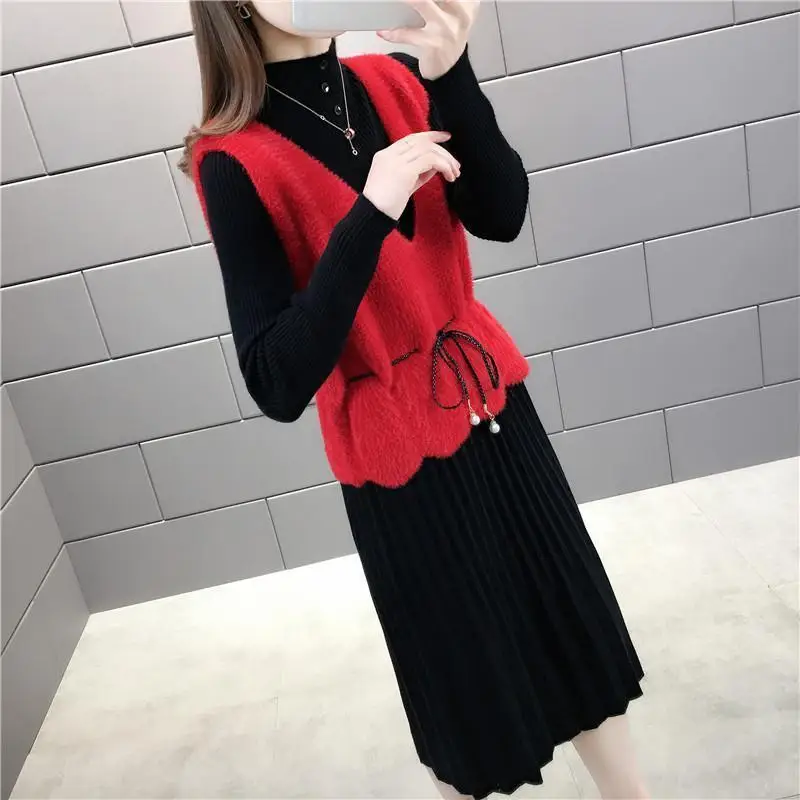 

Dress Winter Two-Piece Suit Women's Sweater Skirt Long below the Knee Knitted Dress Woman Dresses Vestido De Mujer Femme Robe