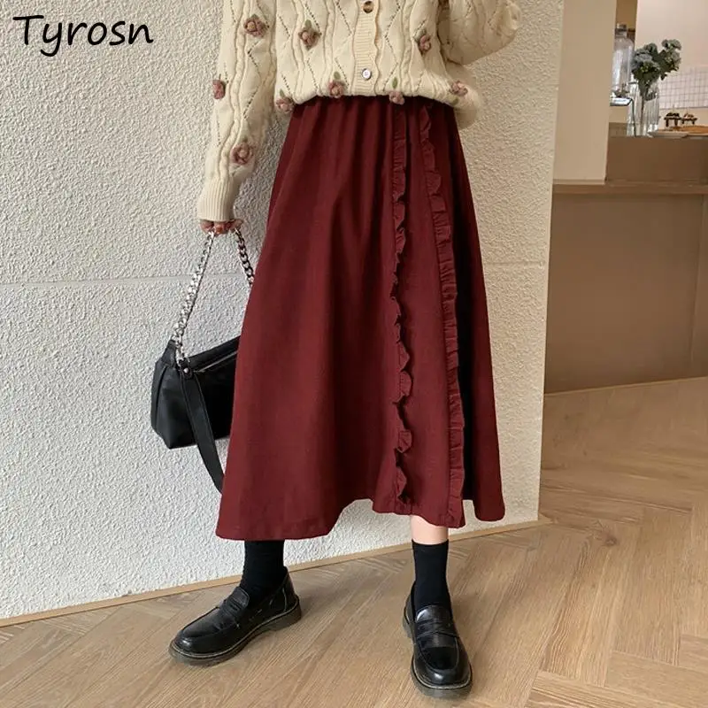 

Corduroy Skirts Women French Style Sweet Design Ruffles Mid-calf Solid Elegant Mujer Tender Empire Waist A-line Retro Preppy New