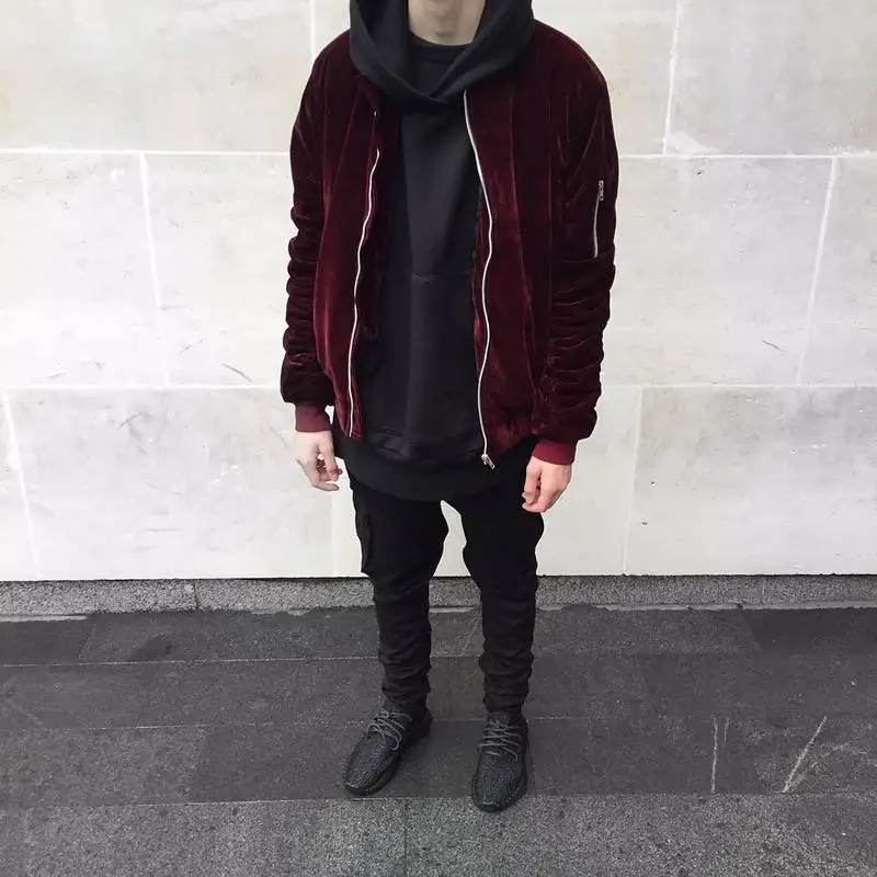 

HIPFANDI 2019 fashion Kanye West Oversized Jackets Vintage Wine Red Velvet Fabric Pleated Sleeve Designer Bomber Jacket Coats