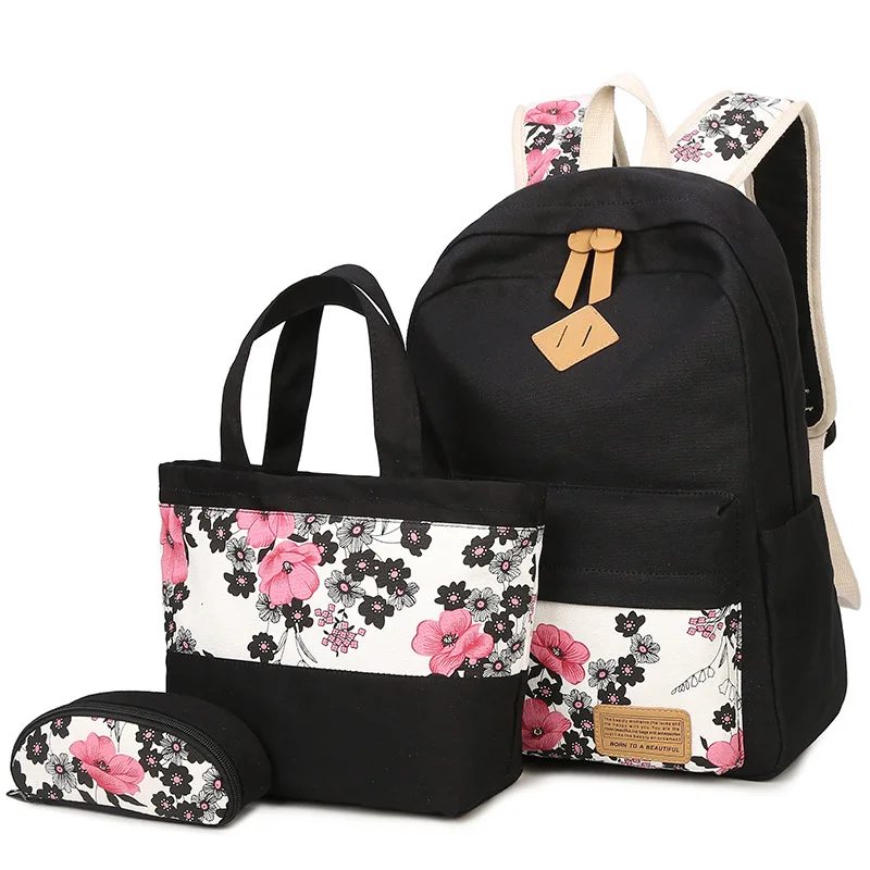 Холщовый женский рюкзак с цветочным принтом сливы, набор школьных сумок, школьный рюкзак для студентов, сумка для книг для обеда, сумка-тоут ...