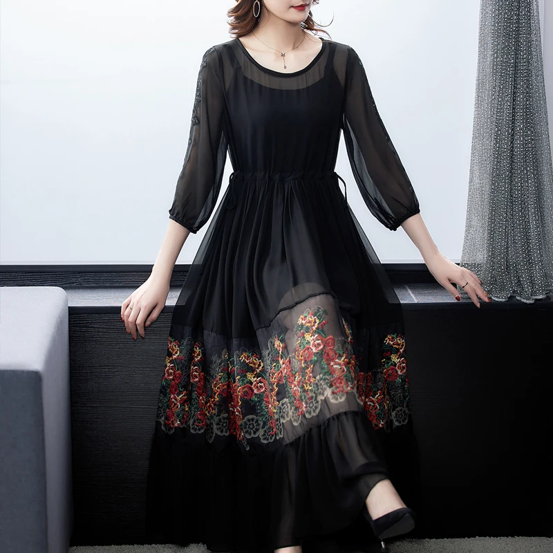 Женское черное Сетчатое элегантное платье макси с цветочной вышивкой весеннее