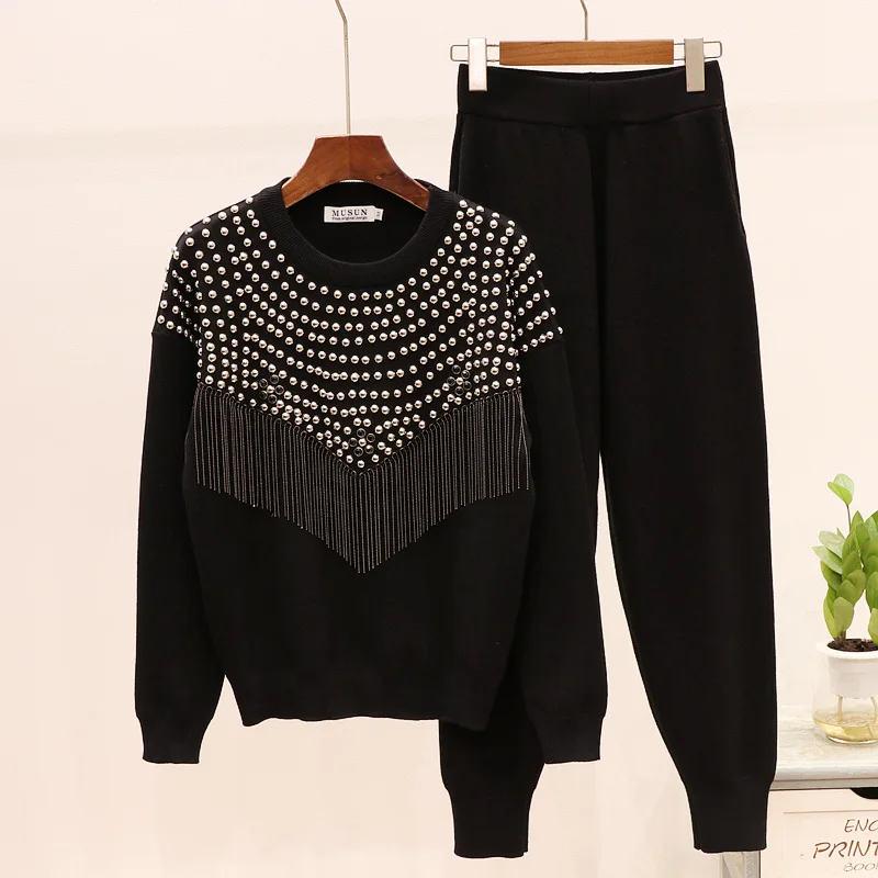 Модный осенний вязаный комплект женские зимние топы тяжелая работа заклепки