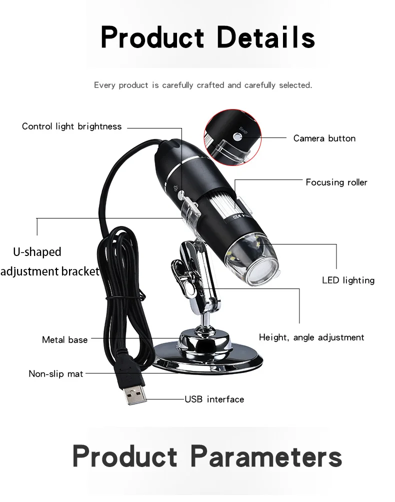 1000X HD Digital USB Microscope Handheld Portable Digital Microscope USB Interface Electron Microscopes with 8 LEDs with Bracket