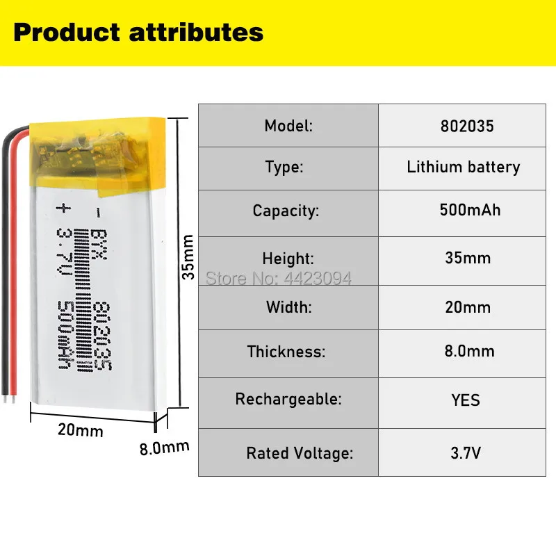 3 7v 500mah 802035 polymer lithium ion battery for mp3 mp4 dvr dvr toys mio mivue 536 mio 518 recorder mirror dvr phone speaker free global shipping