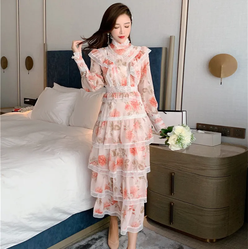 Runway High Quality Bohemian Style Lace Trim Ruffles Dress Spring Women Stand Collar Lantern Sleeve Vintage Party Vestidos | Женская