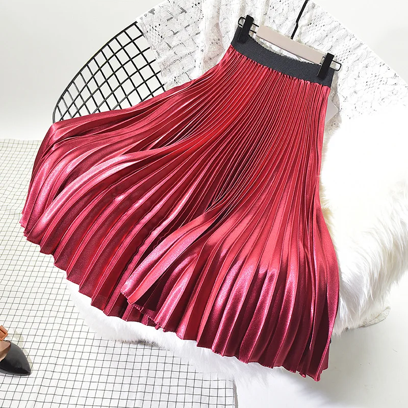 

2020 Metallic Silver Maxi Long Skirt Women High Waist Midi Pleated Skirt Casual Vintage Party Skirt Autumn Warm Skirt